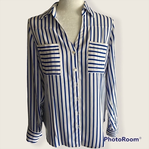 Express royal blue & white striped casual blouse - Picture 2 of 8